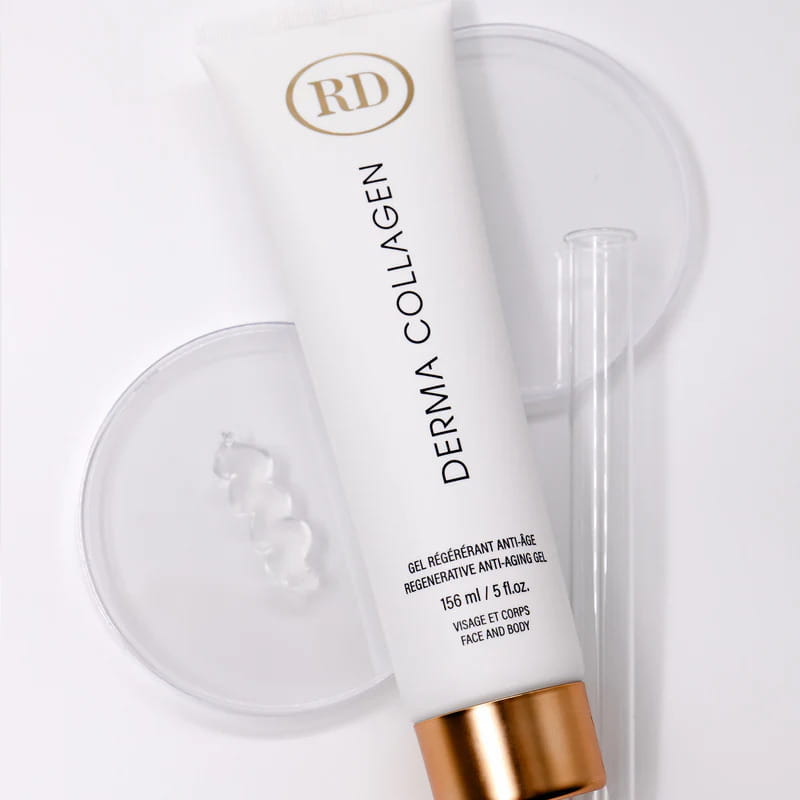 RD Cosmetic Derma Collagen 156ml tube displayed with a clear gel texture swatch, petri dish, and test tube.